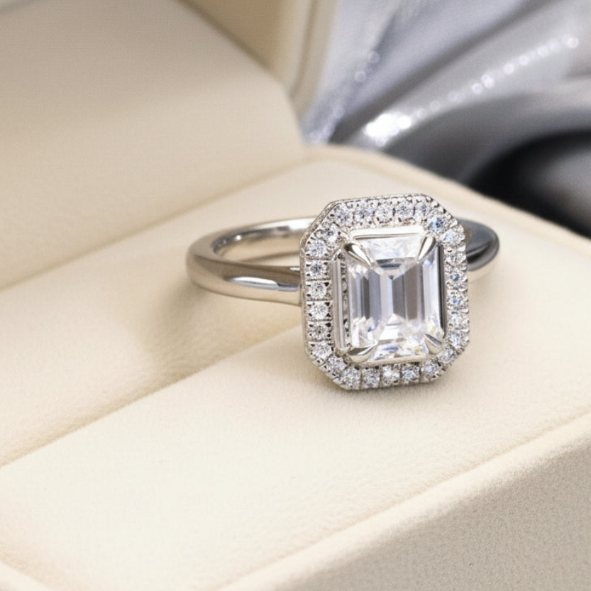 Céleste emerald cut halo ring from LunNoire