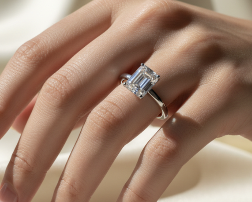 Närbild av Cléa solitärring med emerald cut moissanite
