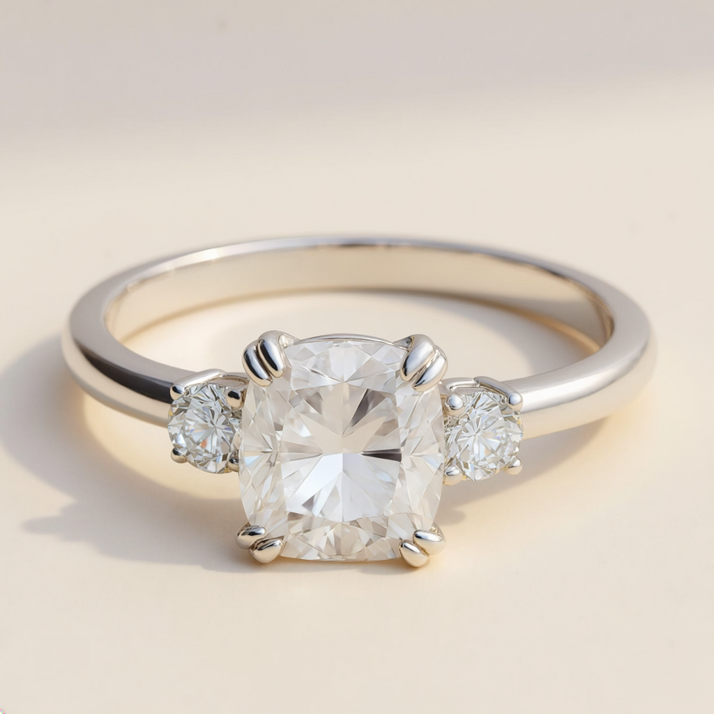 Elara trilogyring med cushion cut moissanite och runda sidostenar, 925 sterlingsilver