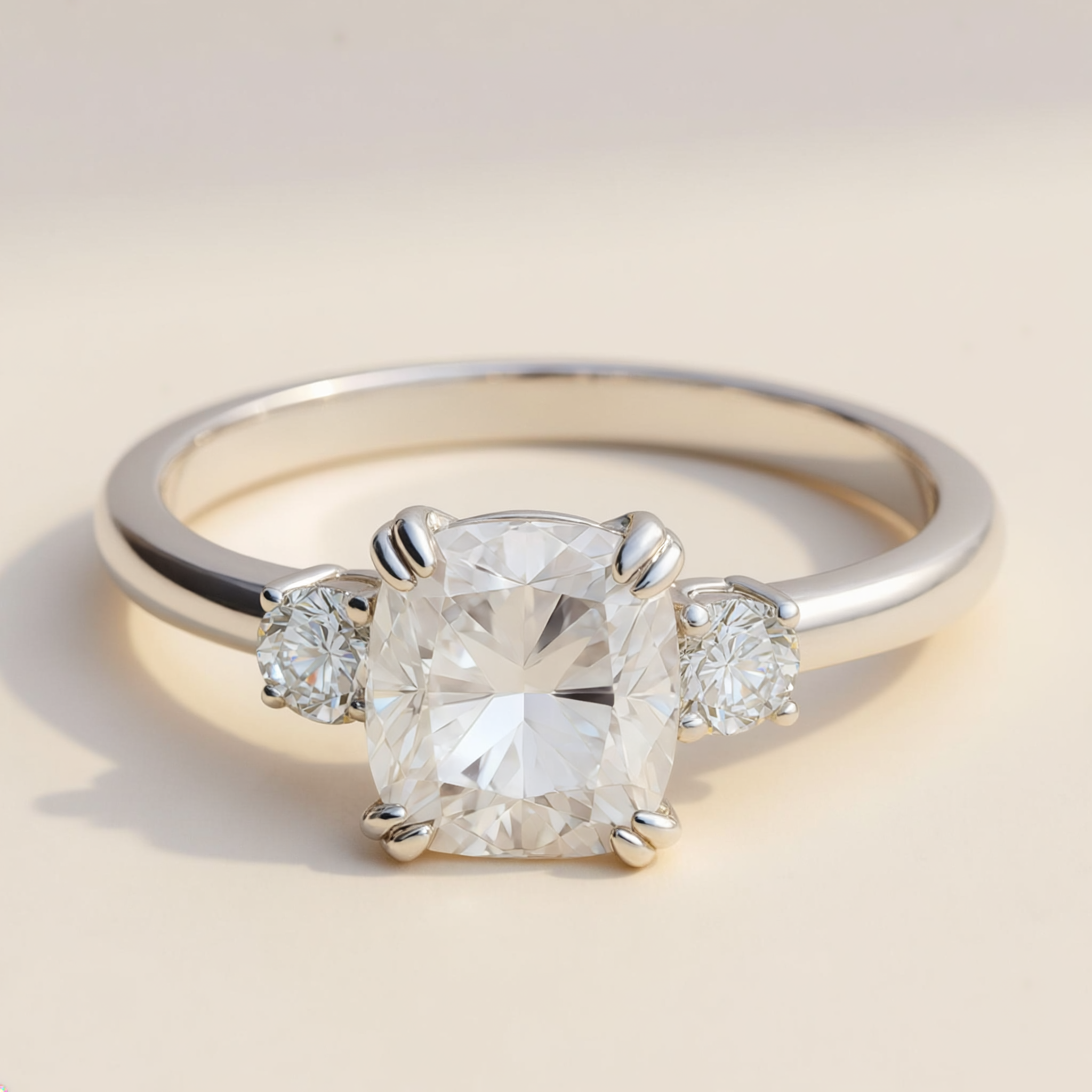 Elara trilogyring med cushion cut moissanite och runda sidostenar, 925 sterlingsilver