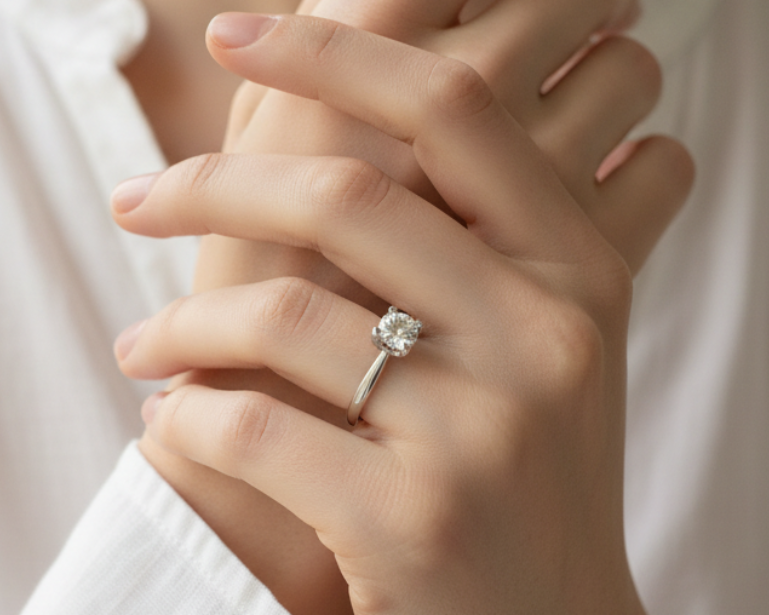 Luma solitärring i moissanite — klassisk förlovningsring i sterlingsilver med vitguldsplättering | Solea Jewelry