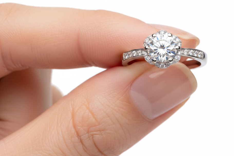 Lumina halo förlovningsring med rund moissanite från LunNoire